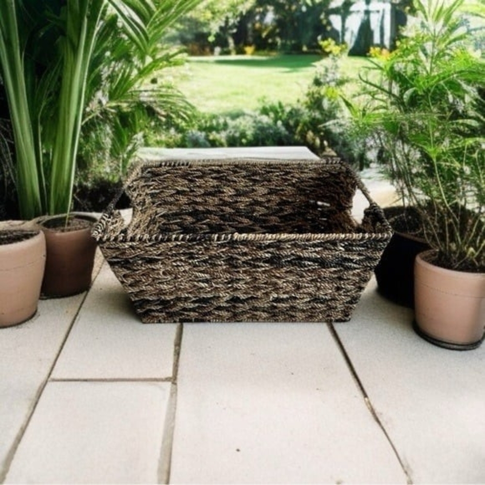 Wicker Rectangular Storage Basket 15x10x7" Brown Handles Crate Bin Organizer G+